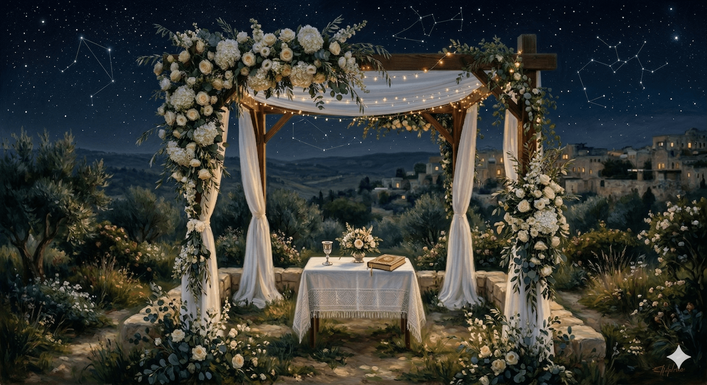 חופה גדולה על רקע נוף בשעת שקיעה